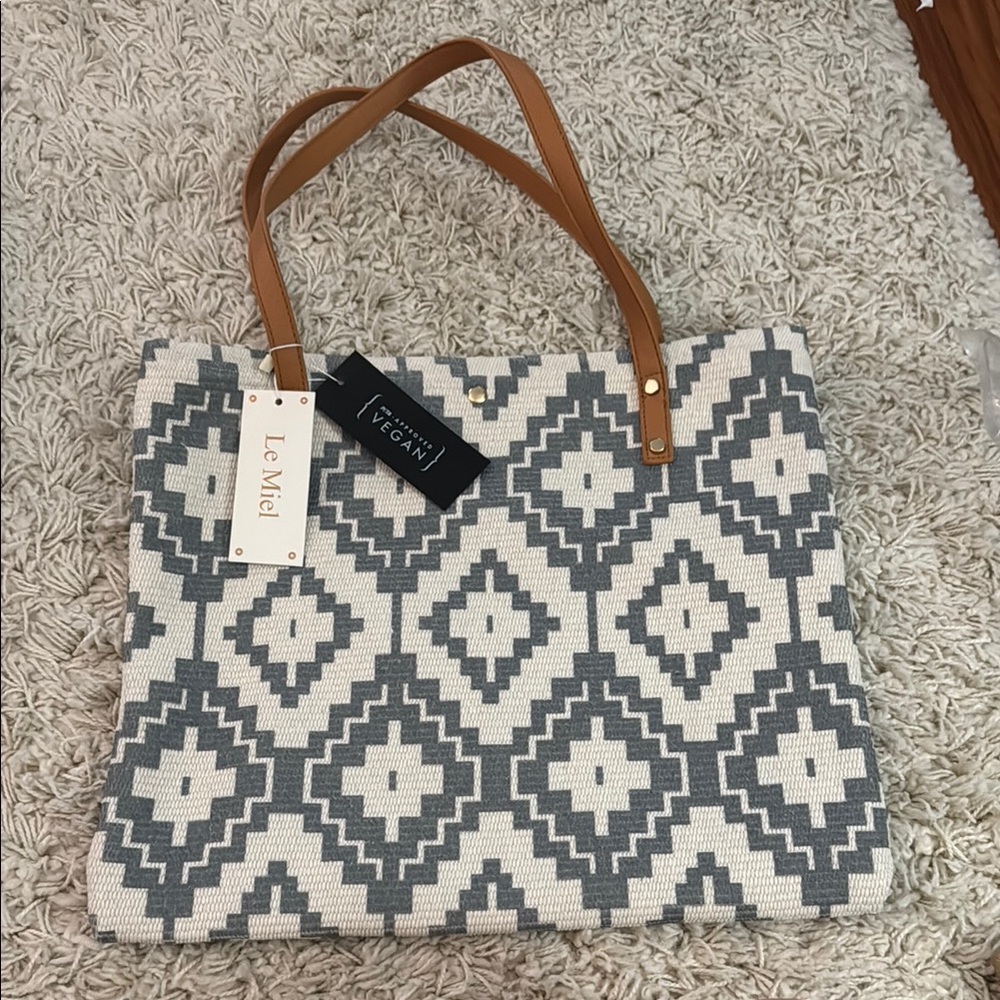 Gray and Tan Patterned Tote Bag